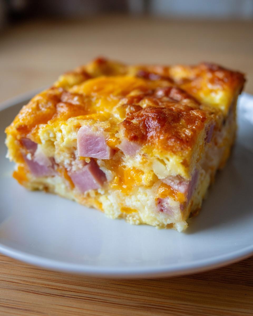 Close-up of a square serving of Make Ahead Ham and Swiss Brunch Bake with visible ham cubes and melted cheddar cheese.