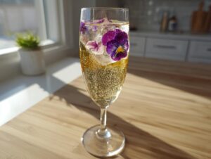 A flute of sparkling wine featuring floral ice cubes with purple pansies, perfect for a Mimosa Bar.