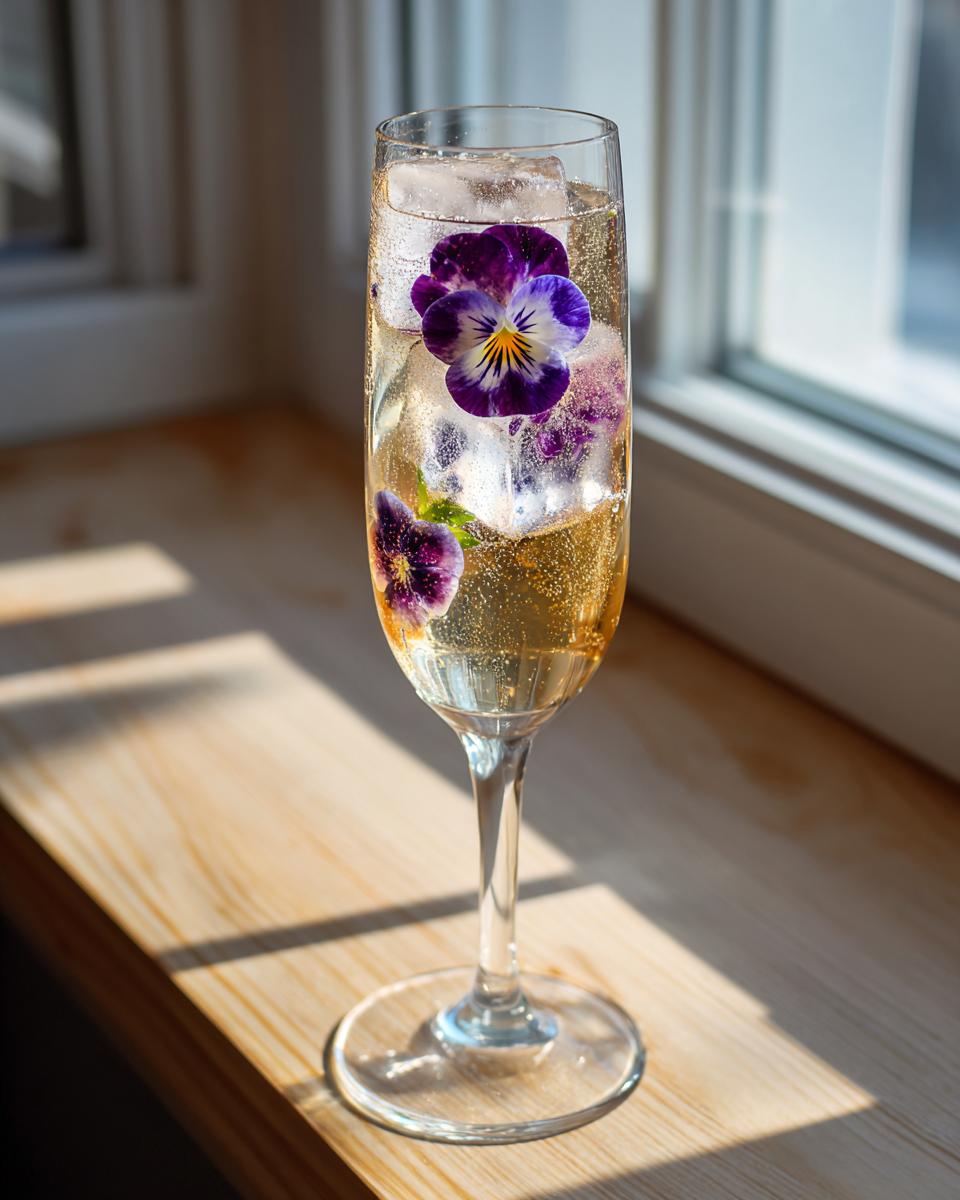 A flute of sparkling wine with floral ice cubes featuring purple pansies, perfect for a Mimosa Bar.