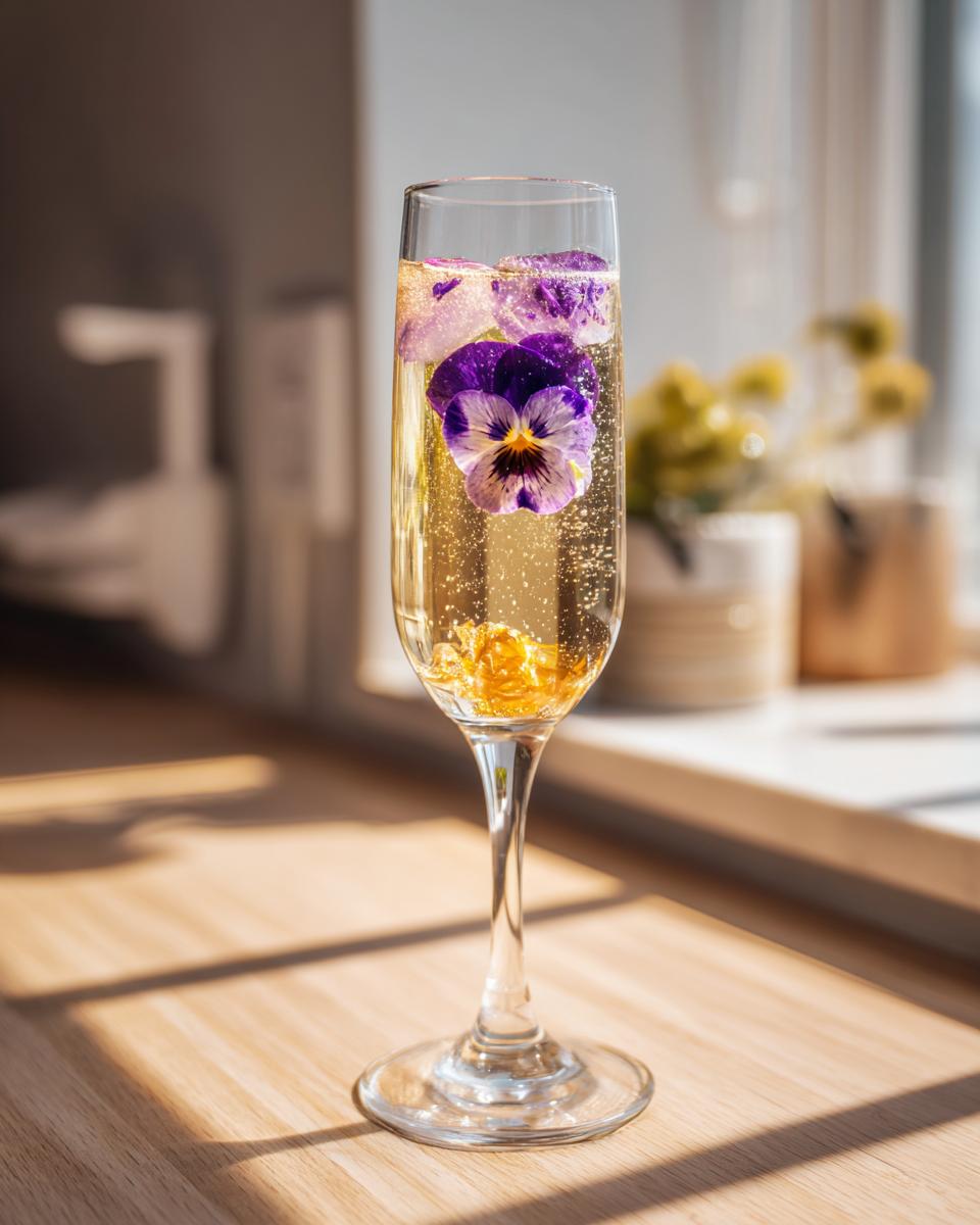 A flute of sparkling wine featuring purple pansy floral ice cubes, part of a Mimosa Bar setup.
