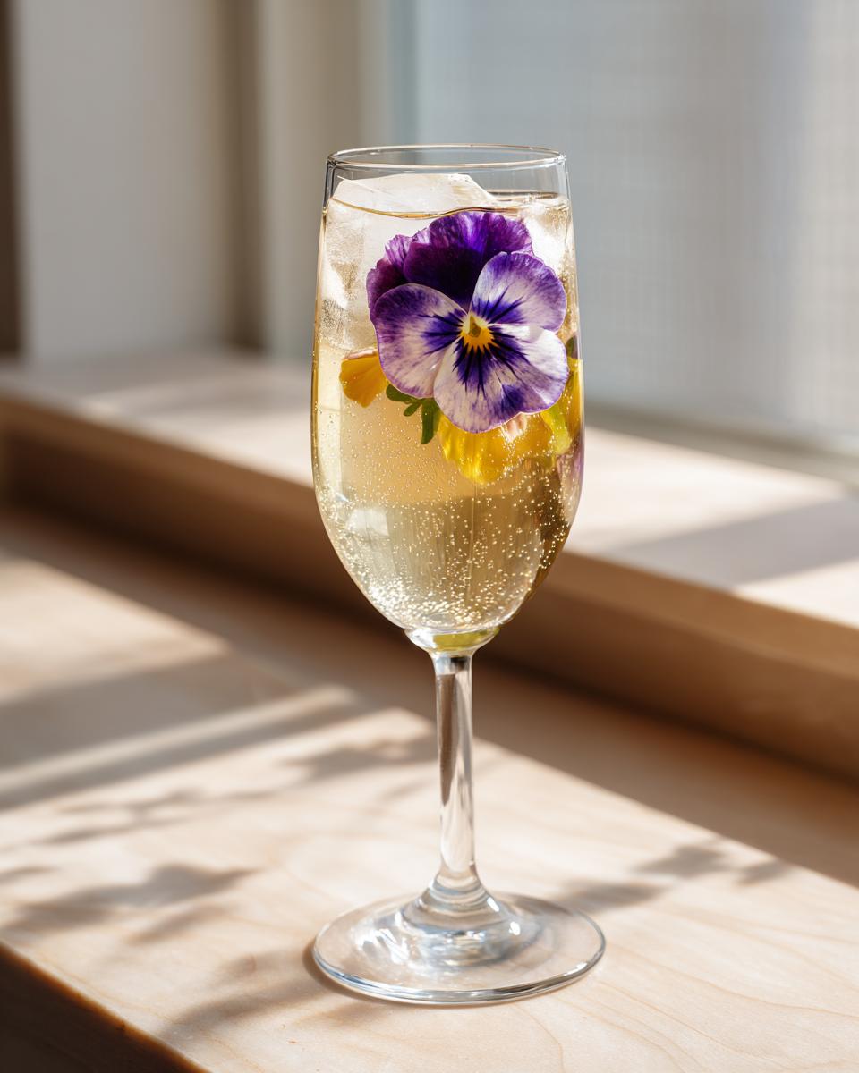 A champagne flute filled with sparkling wine and ice, featuring a vibrant purple and white pansy as one of the floral ice cubes for a Mimosa Bar.