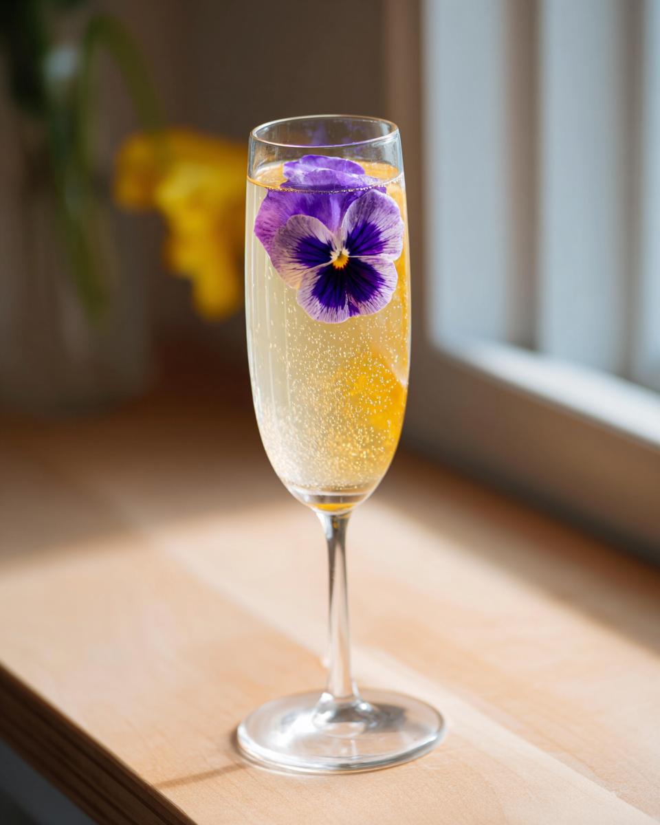 A close-up of a flute glass filled with sparkling mimosa and a purple pansy floating, showcasing floral ice cubes for a Mimosa Bar.
