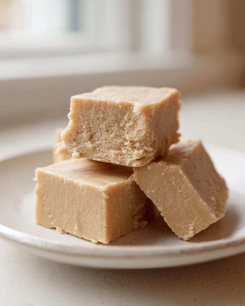 Three creamy squares of Old Fashioned Peanut Butter Fudge stacked on a small plate.