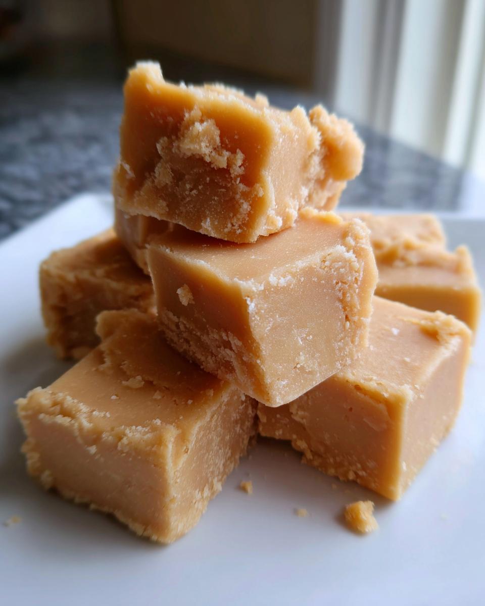 A stack of creamy, light brown Old Fashioned Peanut Butter Fudge bites on a white plate.