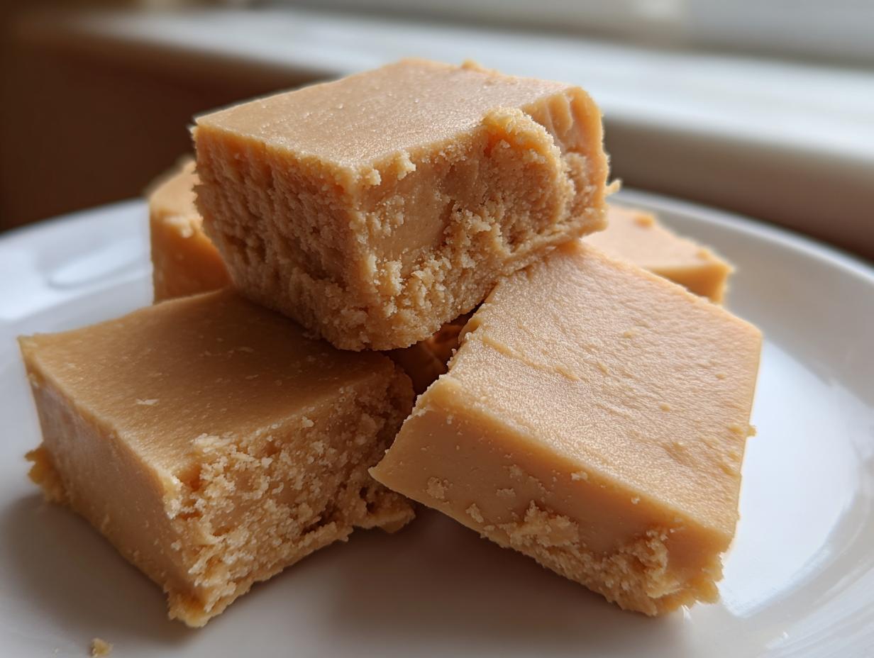 A stack of creamy, light brown squares of Old Fashioned Peanut Butter Fudge resting on a white plate.
