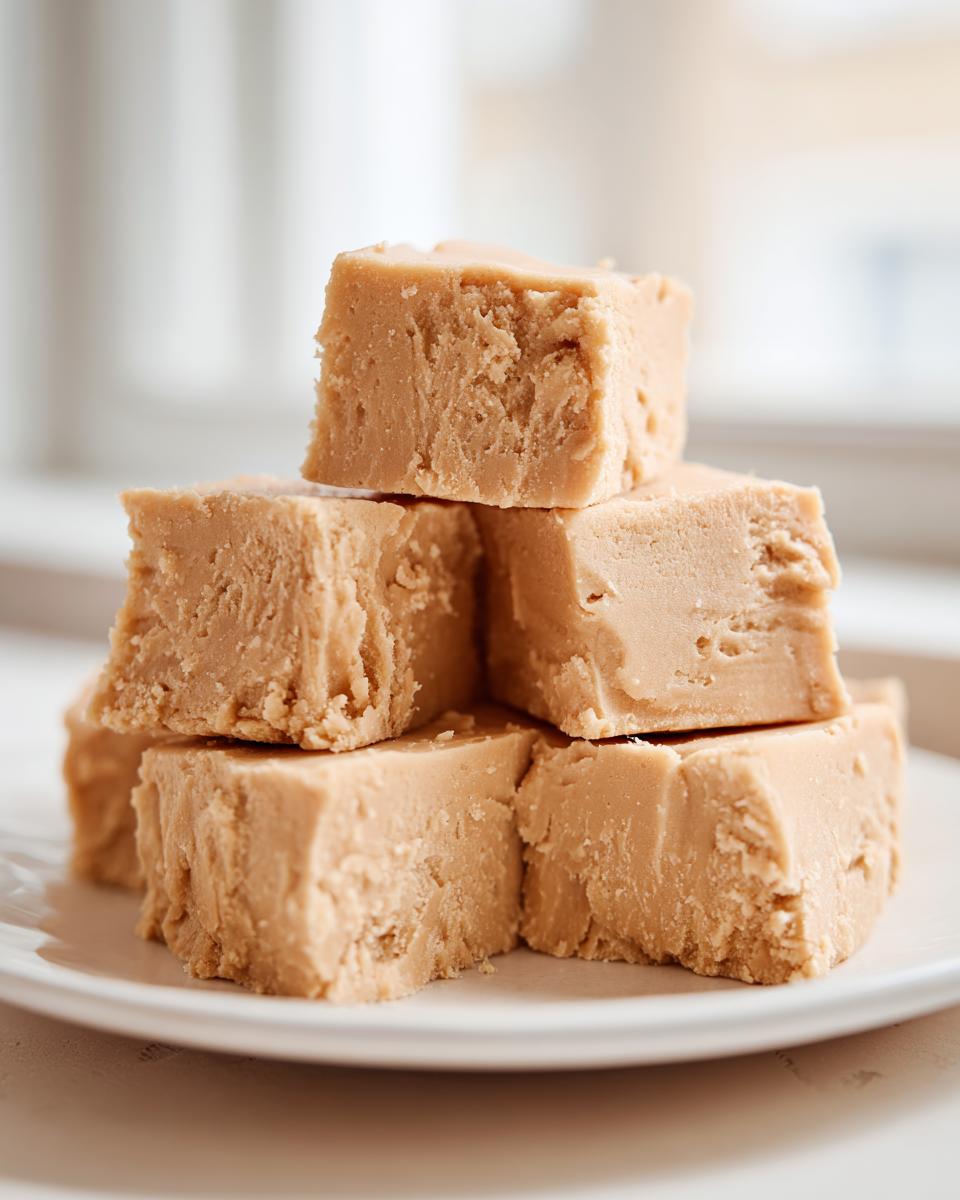 A stack of five creamy squares of Old Fashioned Peanut Butter Fudge resting on a white plate.