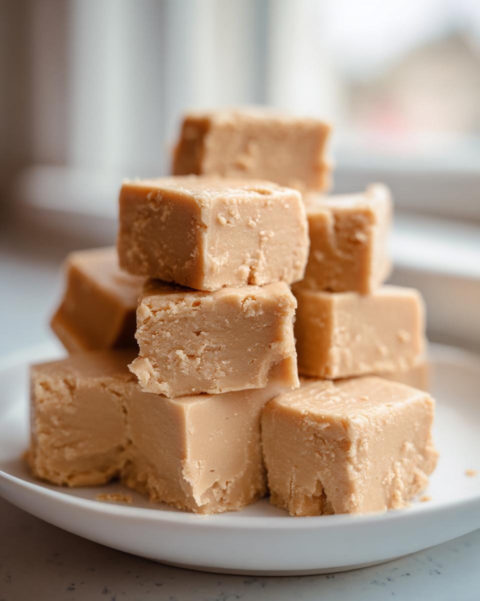 A stack of creamy, square pieces of Old Fashioned Peanut Butter Fudge piled on a white plate.