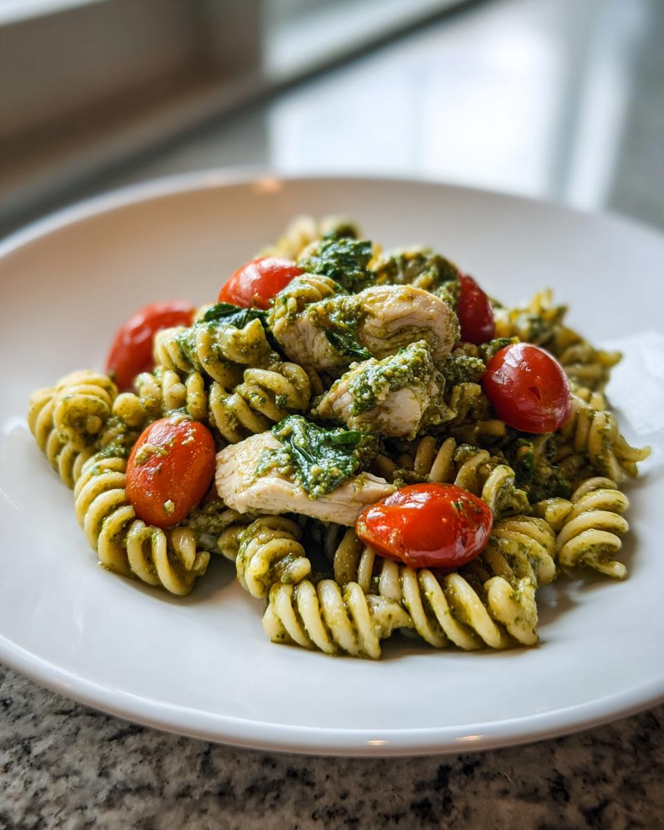 A close-up serving of Pesto Chicken Pasta featuring fusilli pasta coated in green pesto, chunks of chicken, and bright red cherry tomatoes.