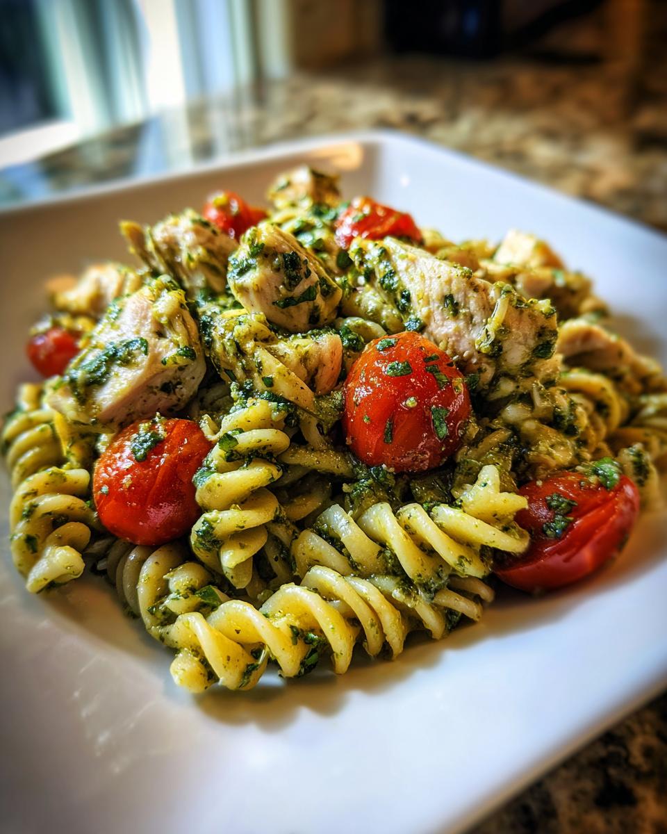 A close-up of Pesto Chicken Pasta featuring fusilli noodles coated in green pesto, mixed with diced chicken and bright red cherry tomatoes.