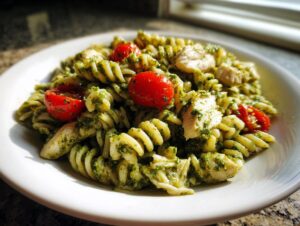 A vibrant bowl of Pesto Chicken Pasta featuring fusilli noodles, chunks of chicken, and bright red cherry tomatoes coated in green pesto.