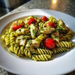 A vibrant plate of Pesto Chicken Pasta featuring fusilli noodles, chunks of grilled chicken, and bright red cherry tomatoes.