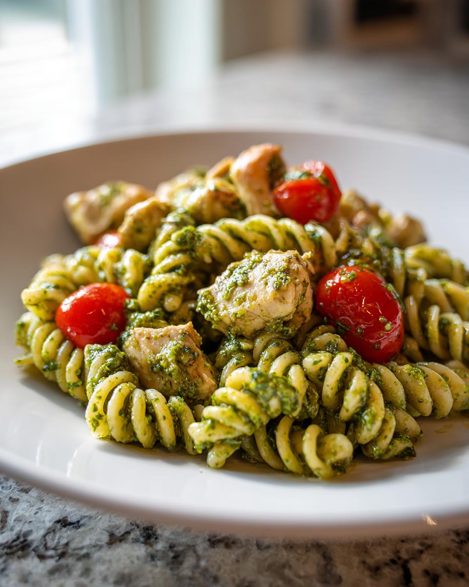 A close-up serving of Pesto Chicken Pasta featuring rotini noodles coated in green pesto, chunks of chicken, and bright red cherry tomatoes.
