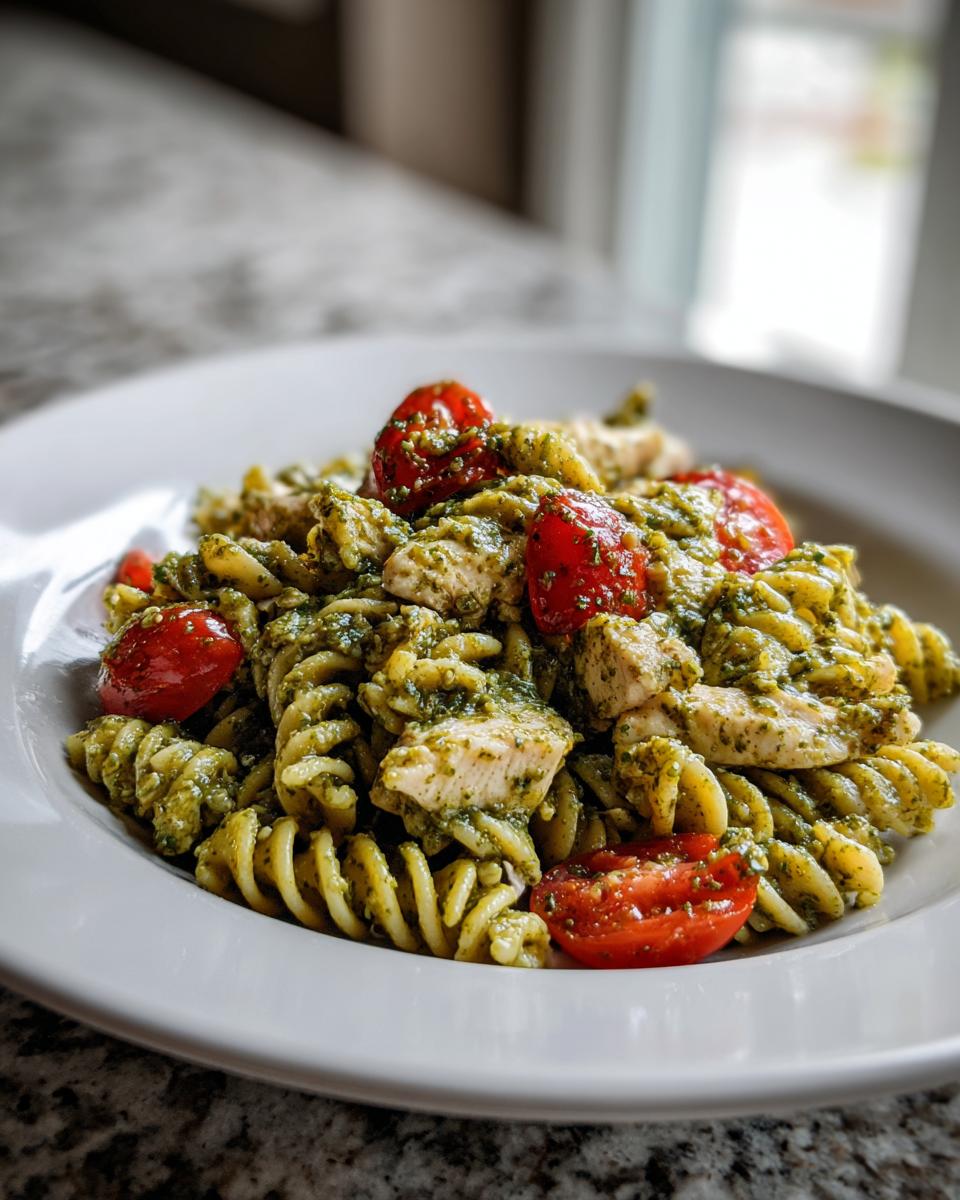 A close-up of a white bowl filled with Pesto Chicken Pasta, featuring fusilli, diced chicken, and halved cherry tomatoes.