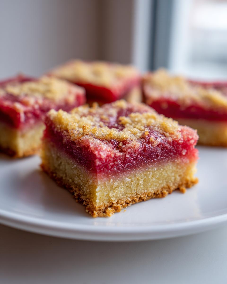 A close-up of a square slice of Rhubarb Dream Bars featuring a thick shortbread crust, bright pink rhubarb filling, and crumb topping.