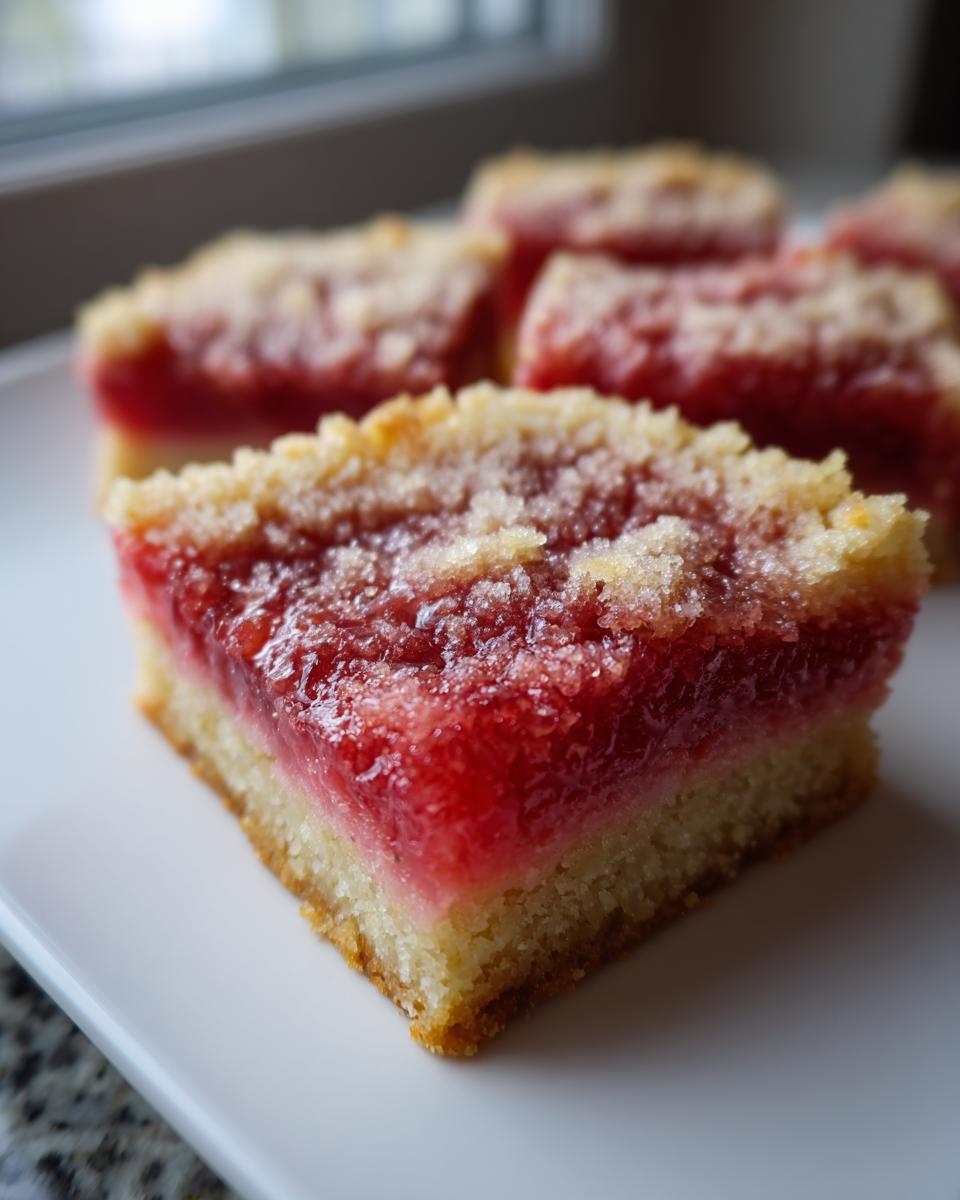 A close-up view of a square Rhubarb Dream Bars slice showing a thick, bright pink rhubarb layer over a shortbread crust, topped with crumble.