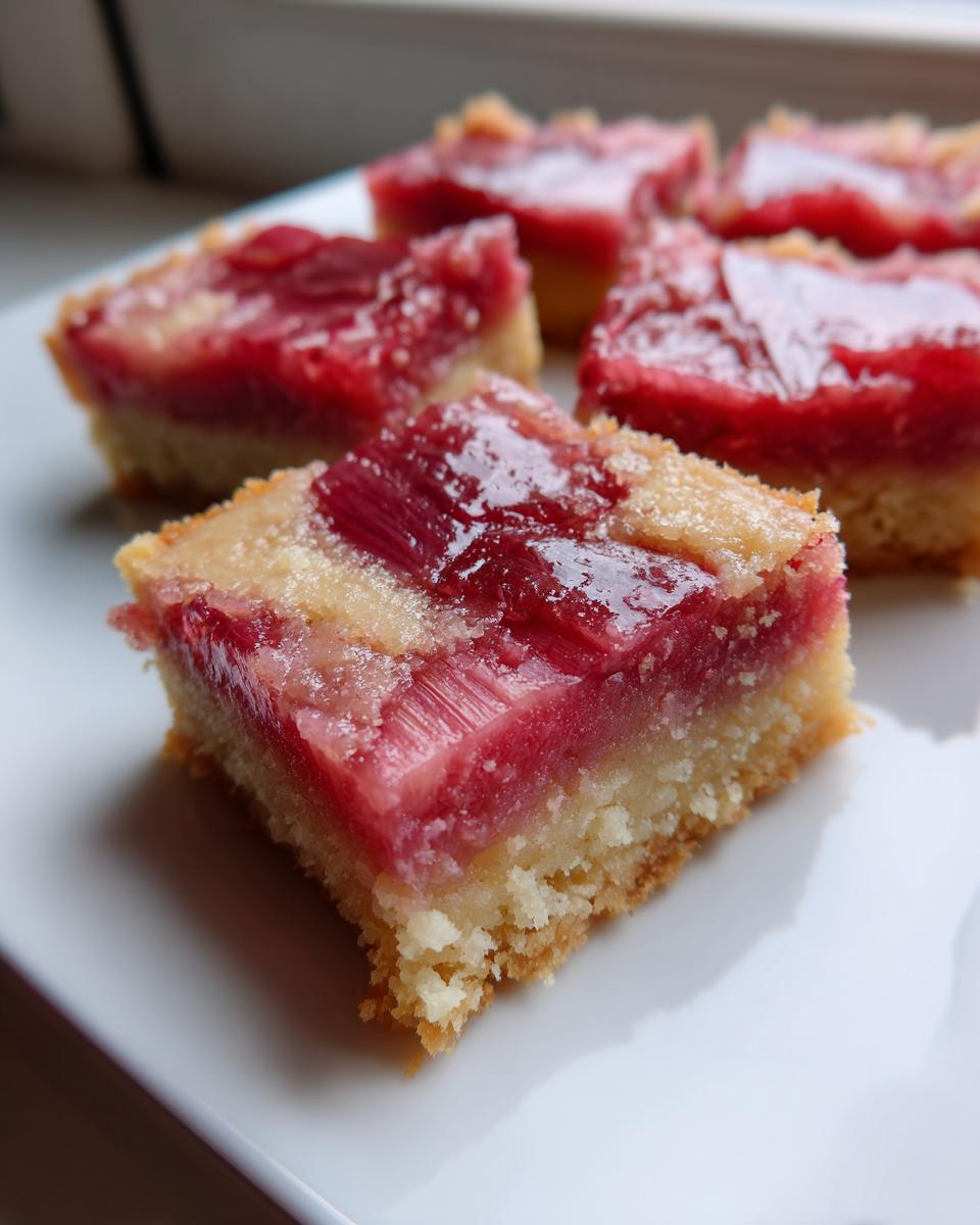 A close-up of a square slice of Rhubarb Dream Bars showing a thick, buttery crust and a bright pink, glossy rhubarb topping.