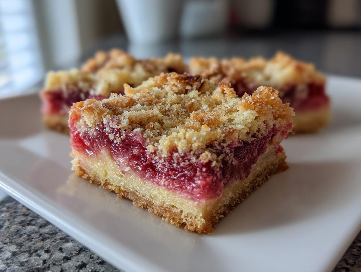 A close-up of a square Rhubarb Dream Bars piece showing the thick, bright pink rhubarb filling and crumbly topping on a white plate.