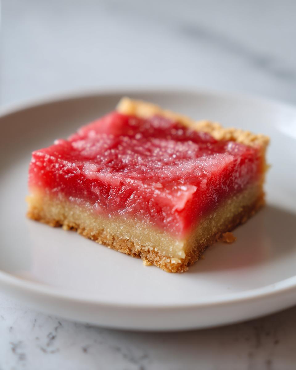 A single square of bright pink Rhubarb Dream Bars resting on a white plate.