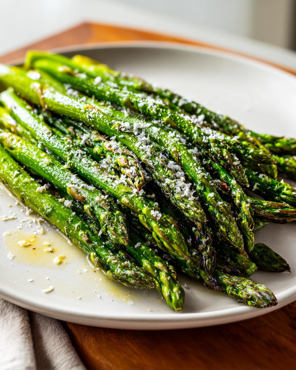 Close-up of bright green Roasted Asparagus with Lemon and Parmesan sprinkled on top, served on a white plate.