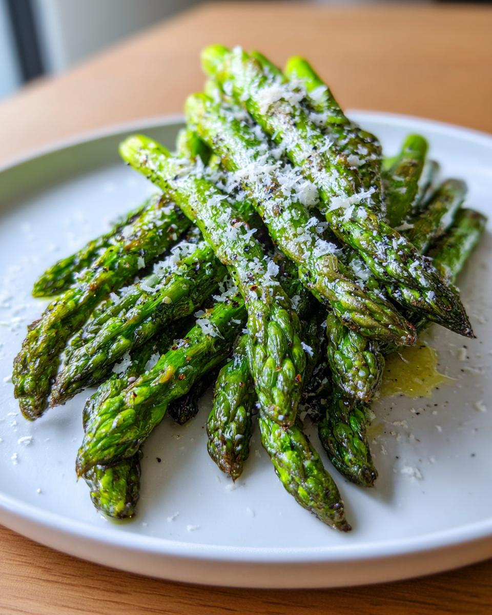 A pile of bright green Roasted Asparagus with Lemon and Parmesan, topped with grated cheese.