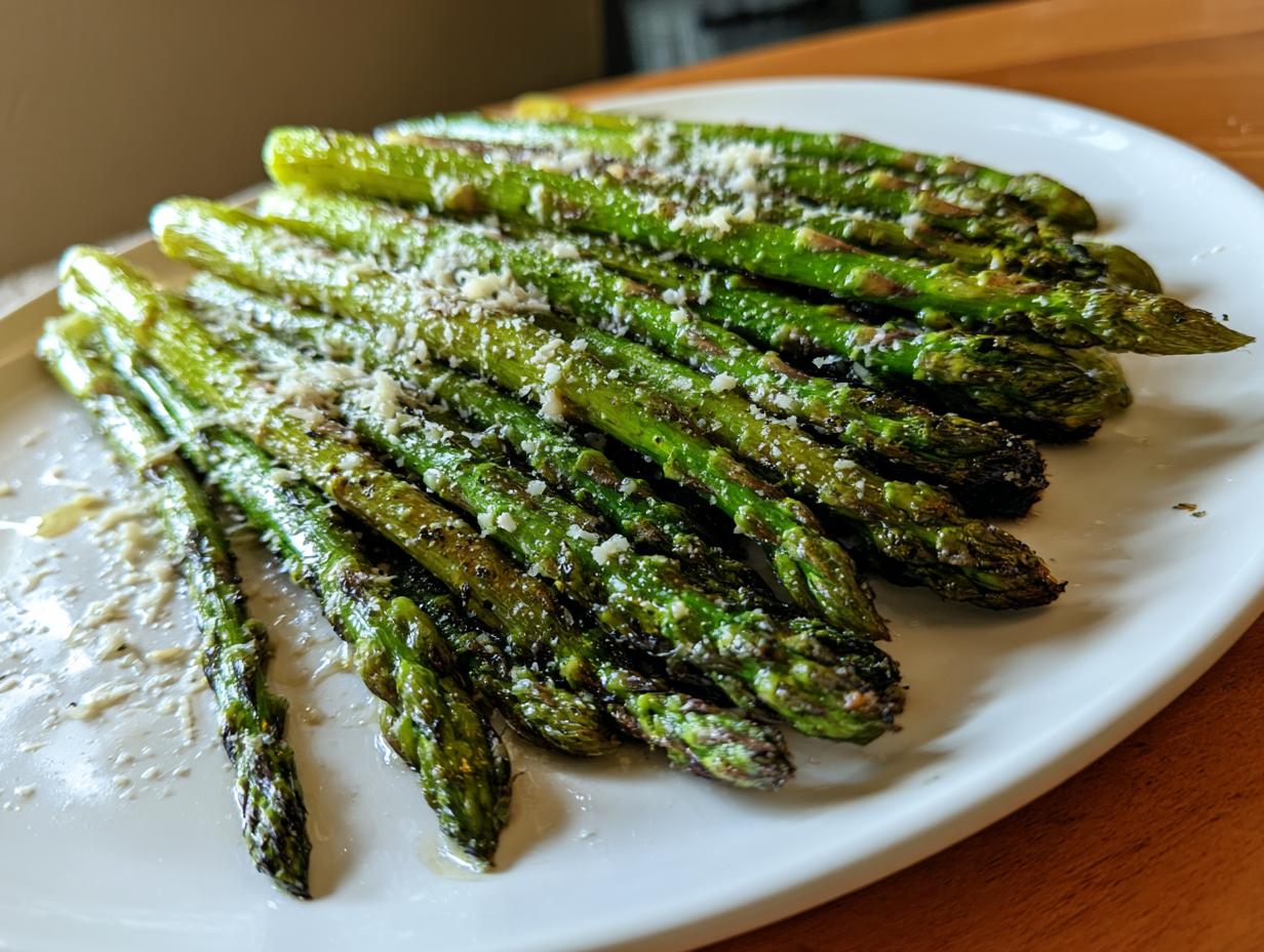 A close-up of perfectly Roasted Asparagus with Lemon and Parmesan, glistening on a white platter.