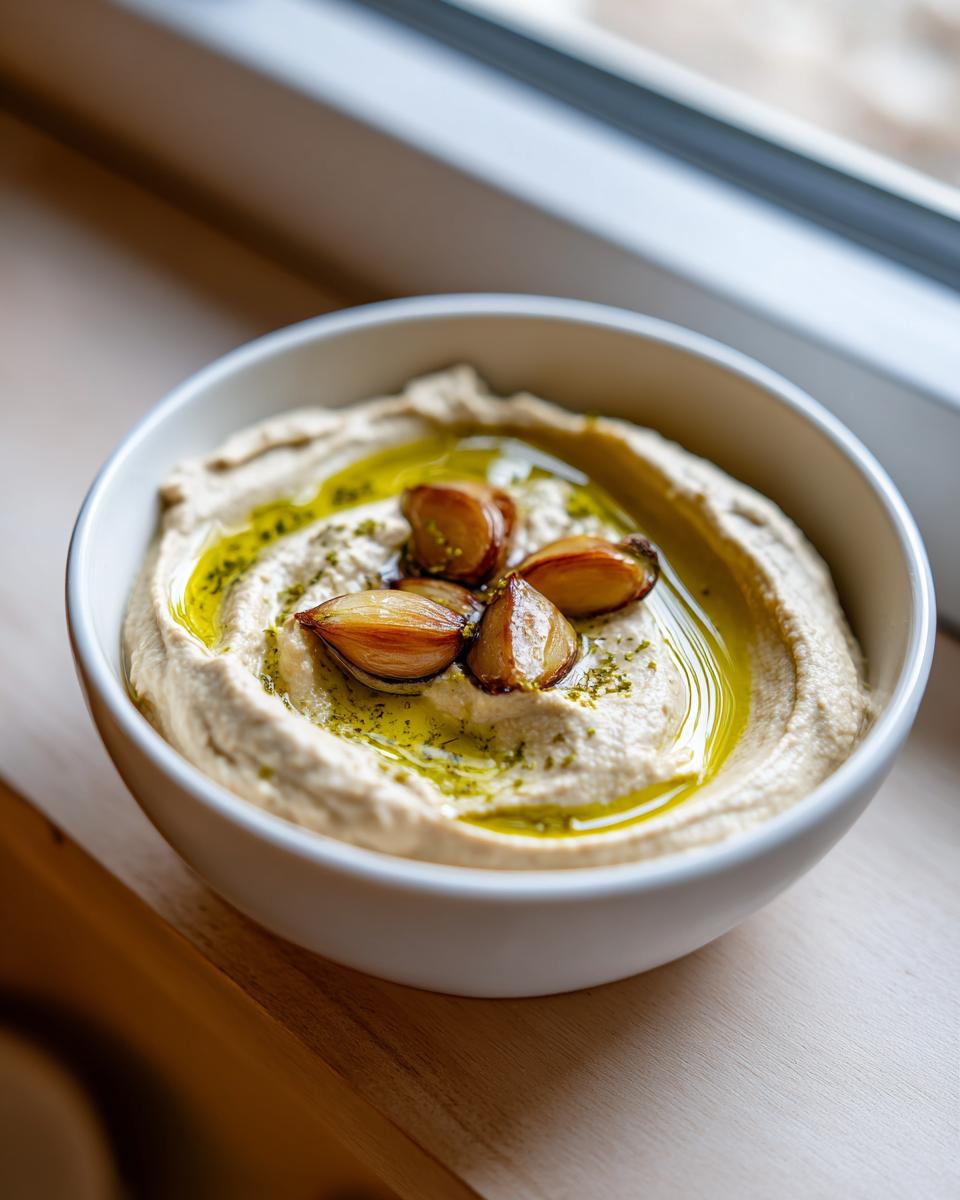 A white bowl filled with creamy Roasted Garlic Hummus, topped with olive oil and roasted garlic cloves.