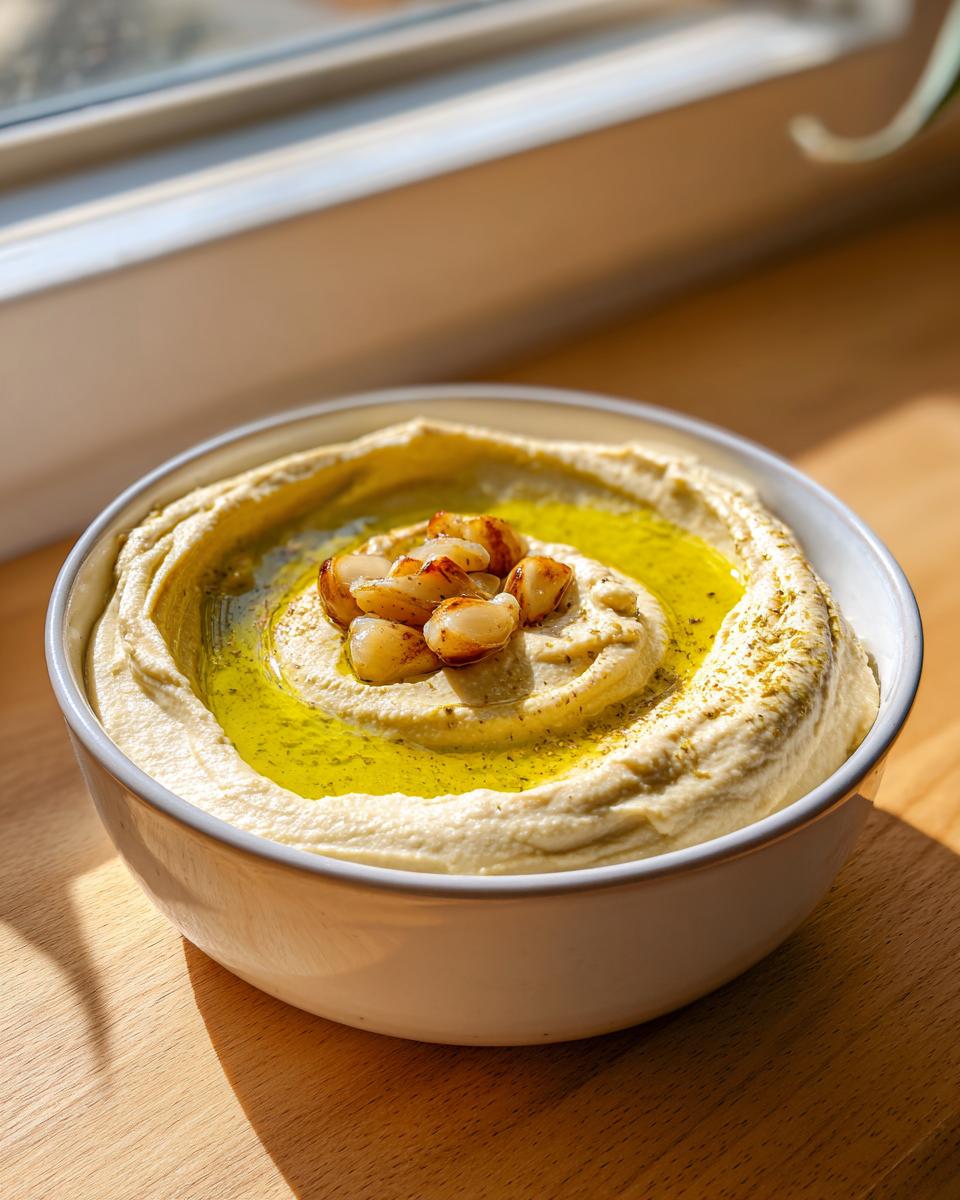 A creamy bowl of Roasted Garlic Hummus, swirled and topped with olive oil and roasted garlic cloves.