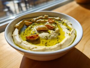 A white bowl filled with creamy Roasted Garlic Hummus, topped with olive oil and roasted garlic cloves.