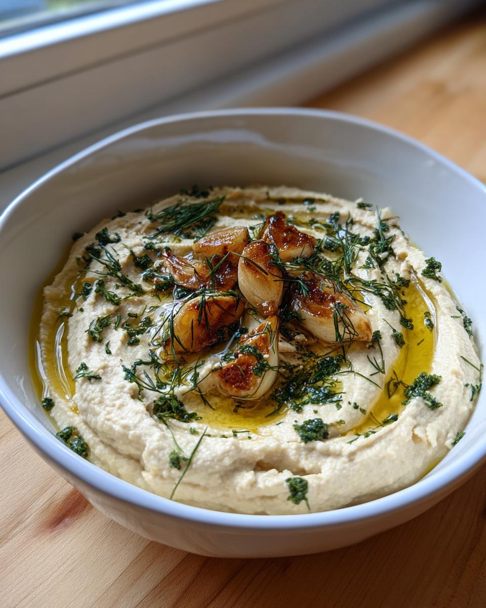 A white bowl filled with creamy Roasted Garlic Hummus, drizzled with olive oil and topped with roasted garlic cloves and fresh dill.