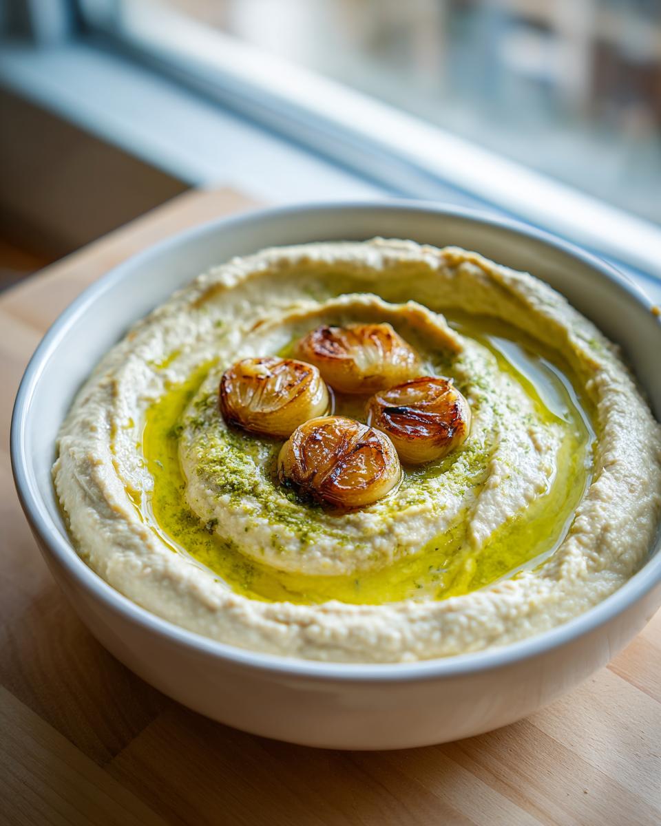 A bowl of creamy Roasted Garlic Hummus topped with olive oil, green seasoning, and four halves of roasted garlic cloves.