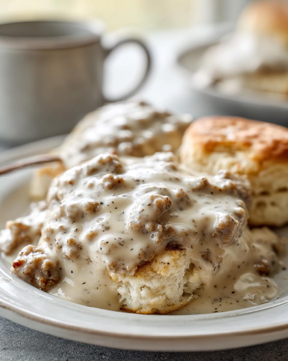 Close-up of fluffy biscuits smothered in creamy, peppered sausage gravy and biscuits.