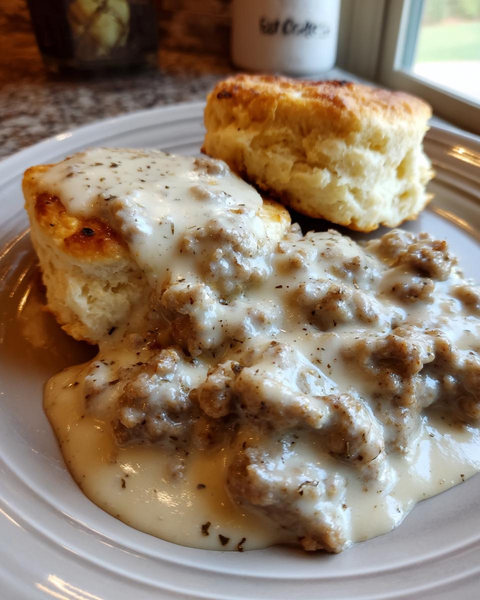 A close-up of fluffy biscuits smothered in creamy, peppered Sausage Gravy and Biscuits on a light gray plate.