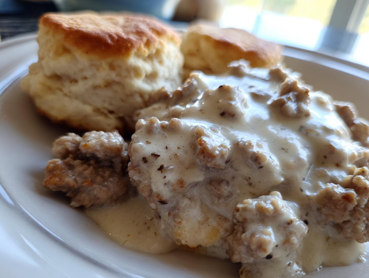 A close-up, appetizing shot of homemade Sausage Gravy and Biscuits served on a white plate.