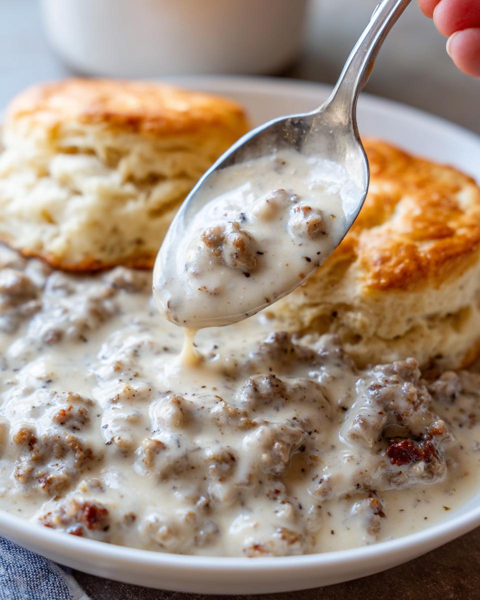 A spoonful of creamy sausage gravy being lifted from a bowl filled with sausage gravy and biscuits.