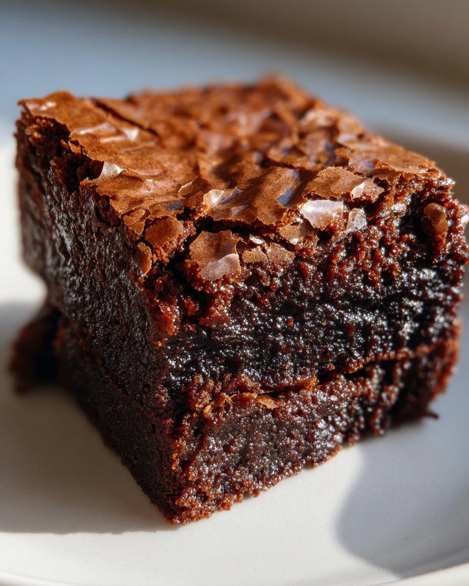 A close-up, macro shot of a single square of Seriously Fudgy Homemade Brownies with a shiny, crackly top.