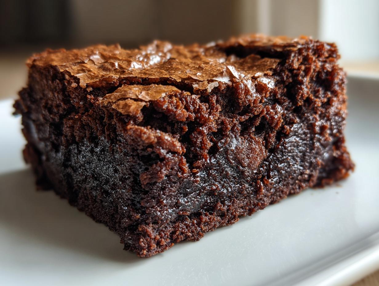 A close-up, macro shot of a thick, dark, and moist square of Seriously Fudgy Homemade Brownies with a crackly top.
