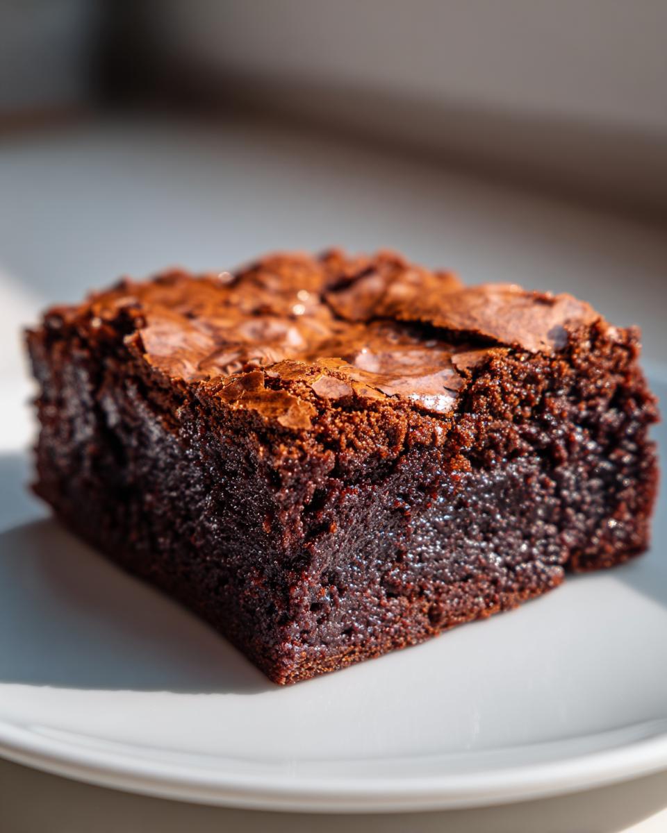 A single, rich square of Seriously Fudgy Homemade Brownies with a crackly top, resting on a white plate.