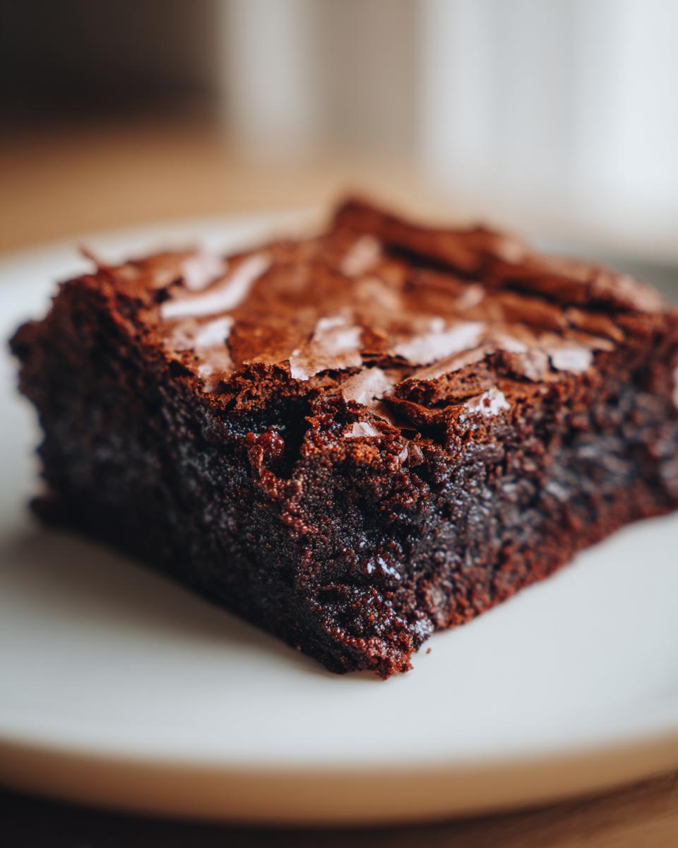 A close-up, rich, dark square of Seriously Fudgy Homemade Brownies topped with flaky sea salt.