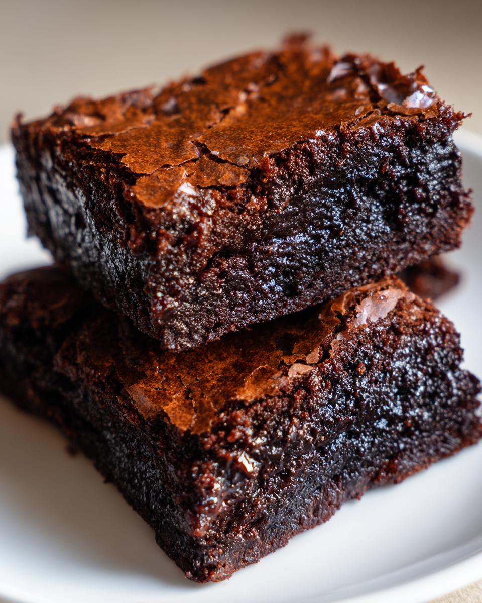 Close-up of two stacked, dark, fudgy squares showing a shiny, crackly top, perfect for Seriously Fudgy Homemade Brownies.