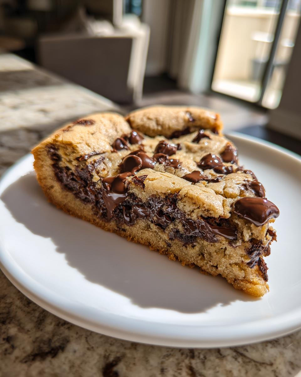 A thick, gooey slice of Chocolate Chip Cookie Cake served on a white plate, featuring melted chocolate chips.
