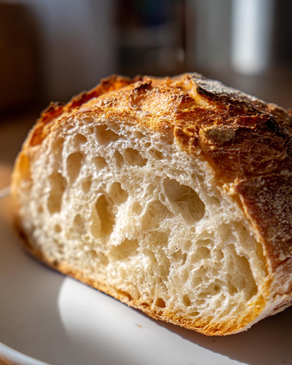 Close-up of the open crumb structure of Soft Sourdough Sandwich Bread showing large, irregular air pockets.