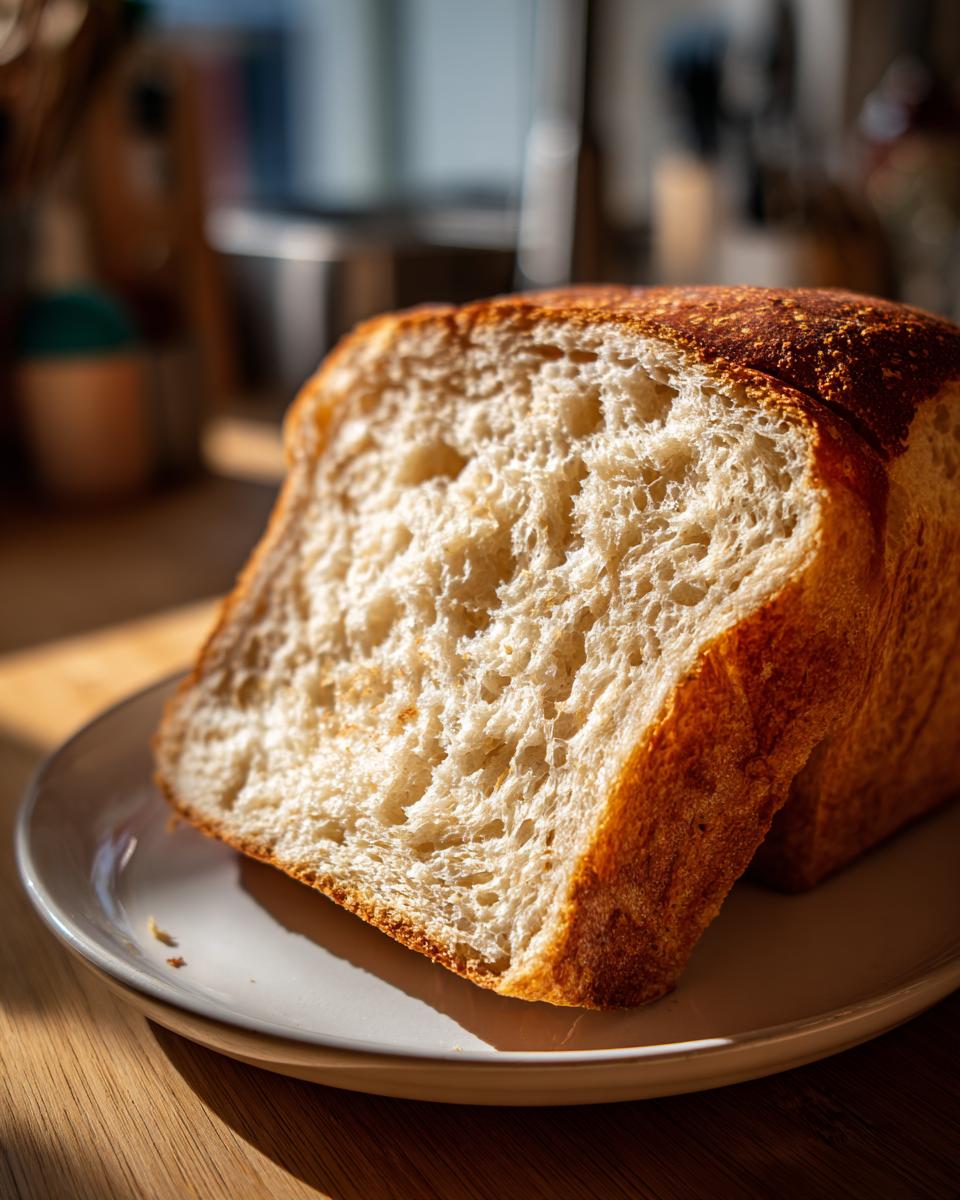 Close-up of a freshly baked slice of Soft Sourdough Sandwich Bread showing its airy, white crumb texture.