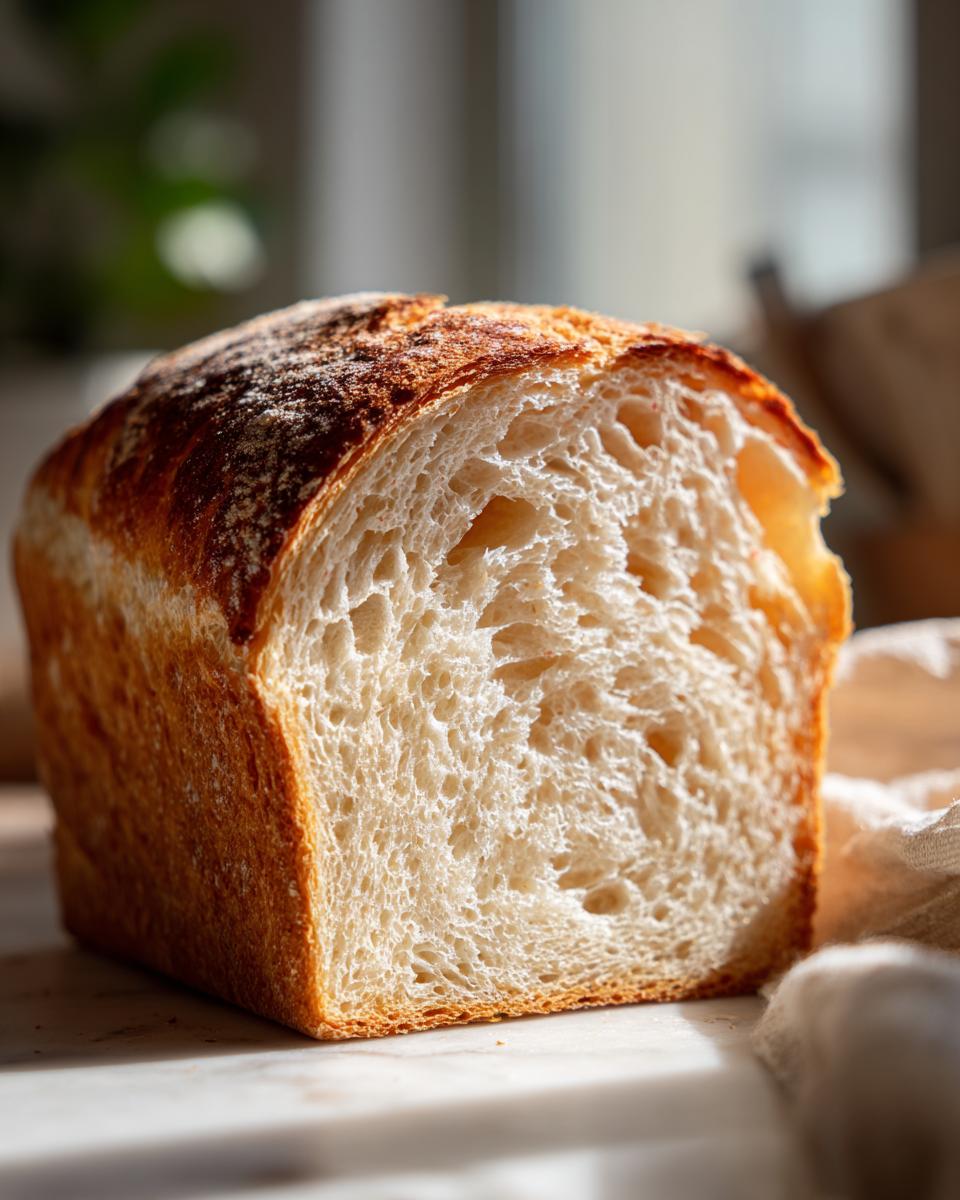 Close-up of the interior crumb structure of a loaf of Soft Sourdough Sandwich Bread.