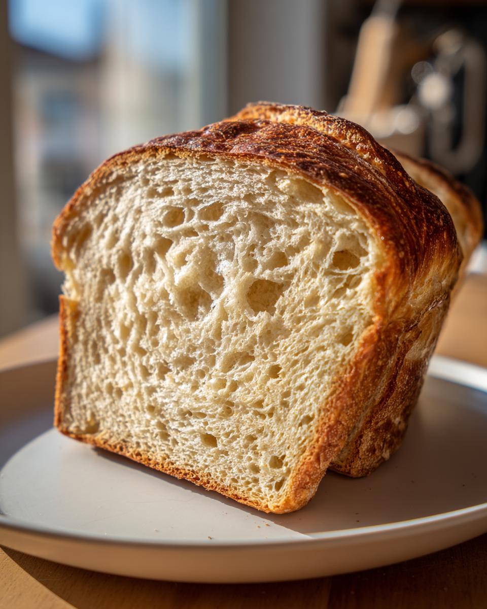 Close-up of the soft, open crumb structure of a sliced Soft Sourdough Sandwich Bread loaf.