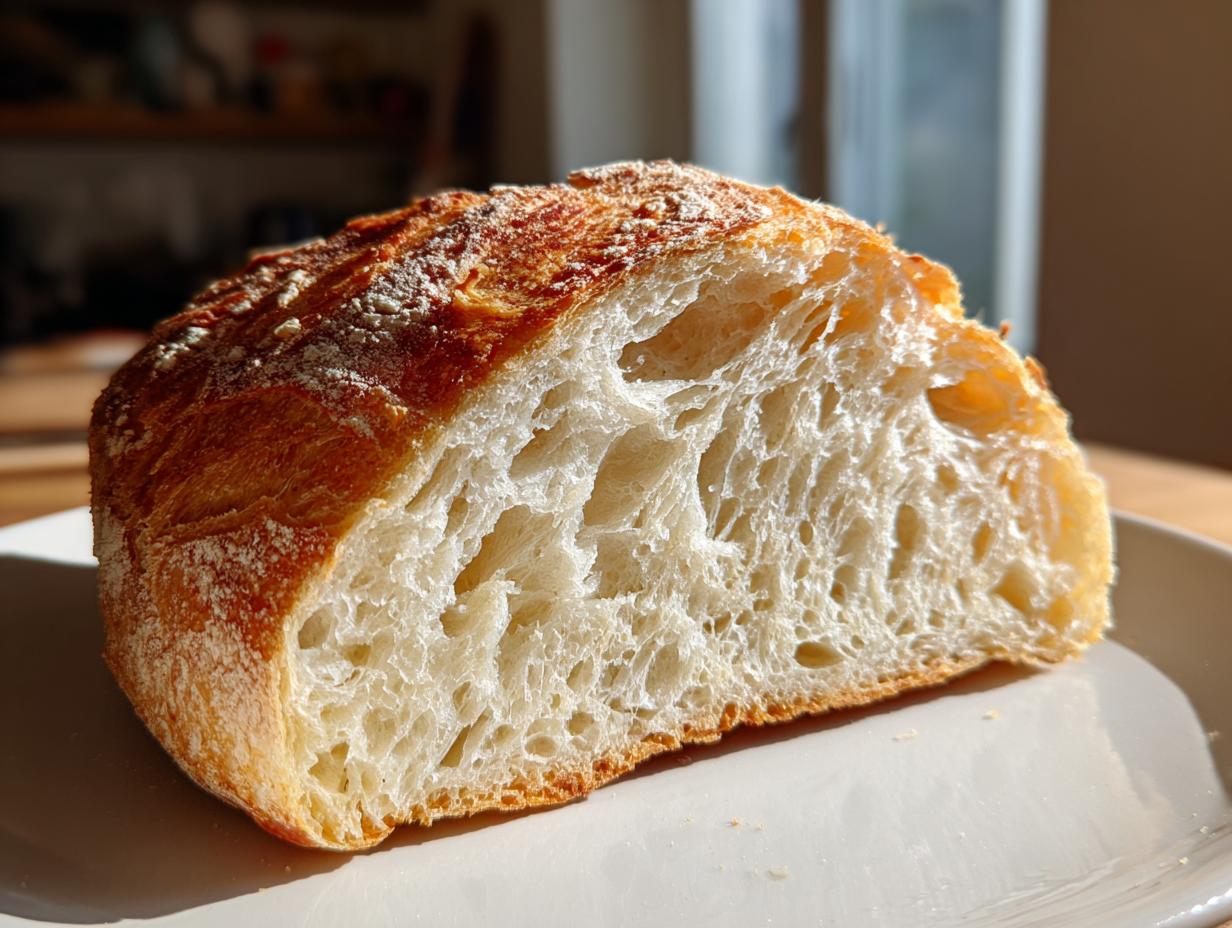 Close-up of the open crumb structure of a loaf of Soft Sourdough Sandwich Bread, showing a golden crust.