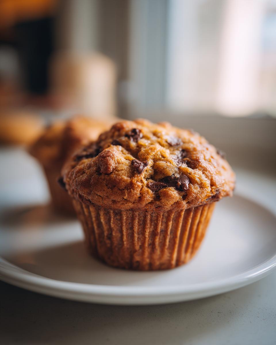 A close-up of a freshly baked Sourdough Discard Chocolate Chip Muffin sitting on a white plate.