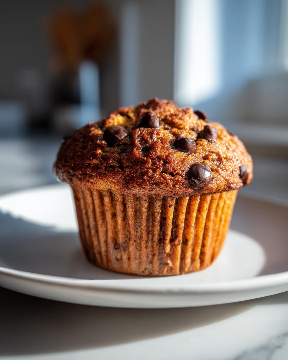 A single, perfectly baked Sourdough Discard Chocolate Chip Muffin sitting on a white plate, featuring a domed top studded with melted chocolate chips.