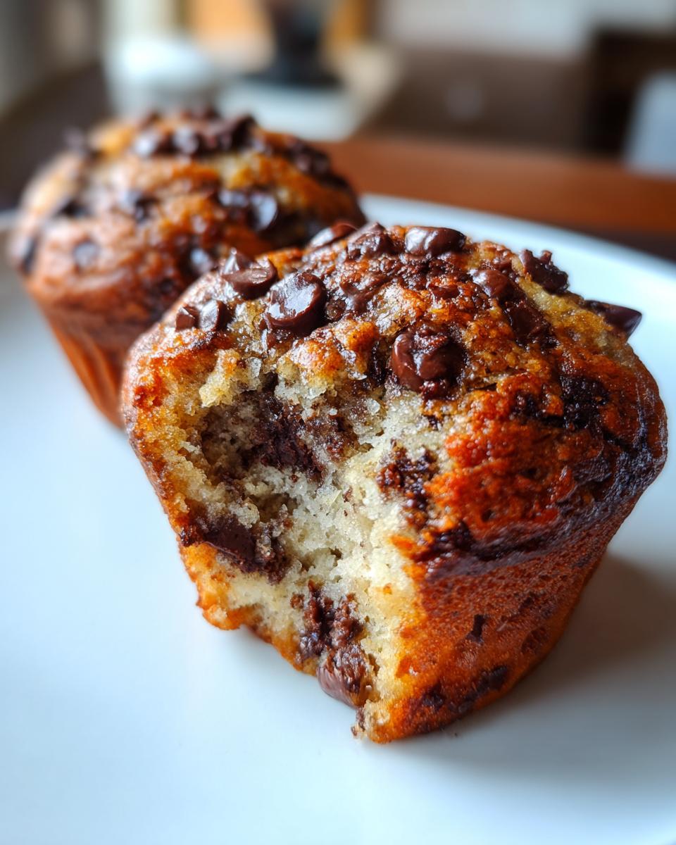 A Sourdough Discard Chocolate Chip Muffin broken in half showing a moist interior and melted chocolate chips.