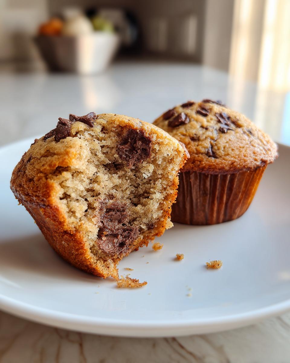 Close-up of a Sourdough Discard Chocolate Chip Muffin broken open showing melted chocolate chips inside.