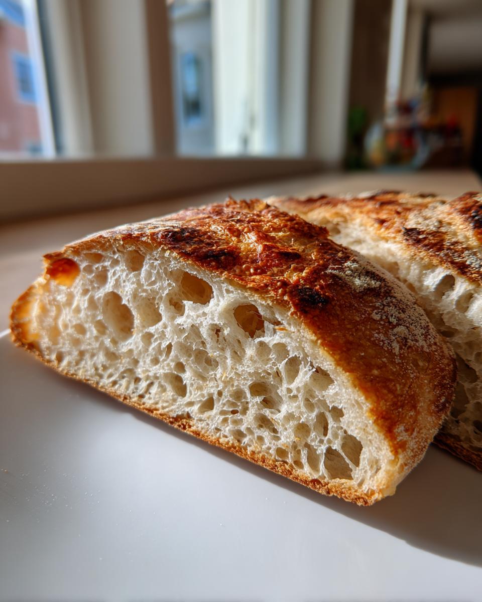 Close-up of the open, airy crumb structure of a baked Sourdough Discard Pizza Crust slice.